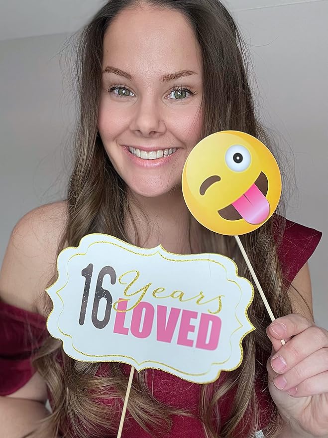 Sweet 16 Photo Booth Props - 41-pc Selfie Props with 8 x 10-Inch Sign, 60 Adhesive Pads, 45 Sticks - Sweet 16 Accessories - Photo Booth for Sweet 16-16th Birthday Photo Booth Props