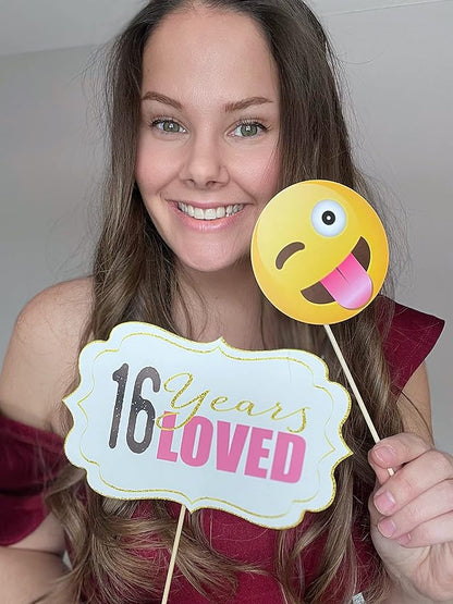 Sweet 16 Photo Booth Props - 41-pc Selfie Props with 8 x 10-Inch Sign, 60 Adhesive Pads, 45 Sticks - Sweet 16 Accessories - Photo Booth for Sweet 16-16th Birthday Photo Booth Props