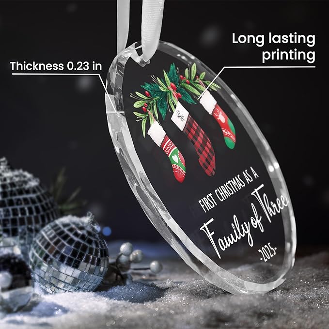 Baby's First Christmas Ornaments 2025 - Christmas Tree Decoration Glass Ornaments - New Parents Mom Dad, Baby First Ornament, First Christmas As A Family of Three, Ideal for New Mom Dad