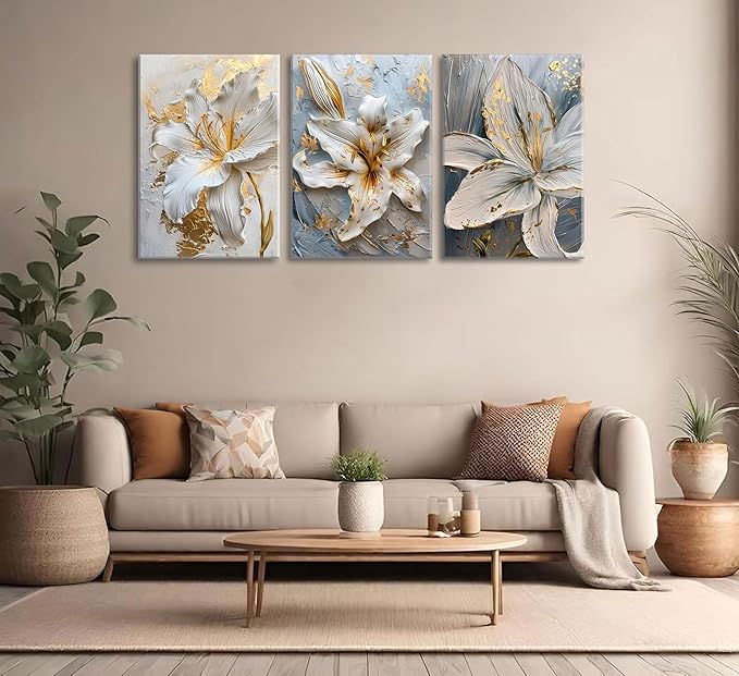 3Pcs Abstract Golden White Flower Canvas Wall Art Boho Gold Foil Blossom Oil Painting 2D Plane Textured Floral Wall Decor Nordic lily Posters Prints for Living Room Bedroom Office Pictures Framed