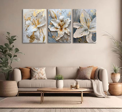 3Pcs Abstract Golden White Flower Canvas Wall Art Boho Gold Foil Blossom Oil Painting 2D Plane Textured Floral Wall Decor Nordic lily Posters Prints for Living Room Bedroom Office Pictures Framed