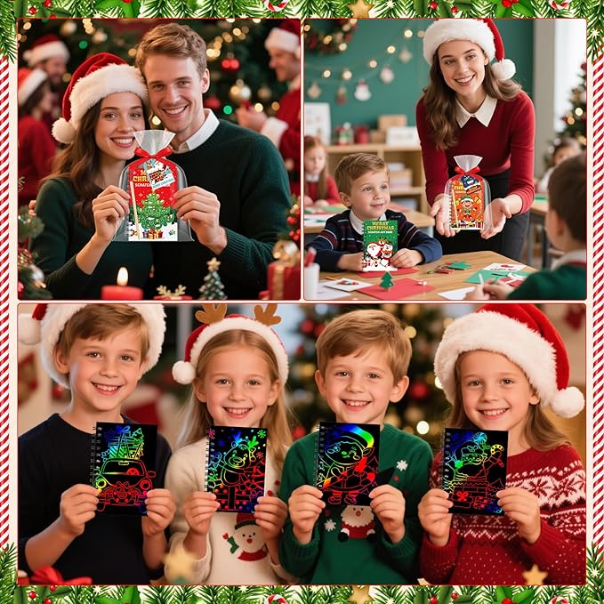 Funrous 48 Pack Christmas Party Favors Xmas Scratch Crafts Gifts Christmas Rainbow Scratch Art Notebooks Bulk Stocking Stuffers Coloring Books for Xmas Gift Birthday Party Activities Supplies