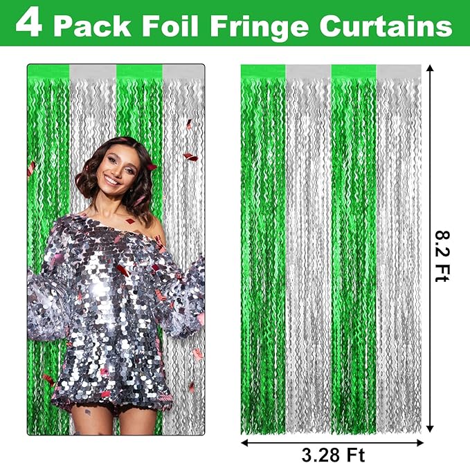 4 Pack Silver Green Fringe Curtain Backdrop 3.2Ft x 8.2Ft Metallic Tinsel Foil Fringe Streamers Background for Photo Booth Mother's Day, Easter, Carnival, Birthday, Wedding Party Decoration