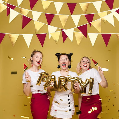 Burgundy Party Decorations Gold Maroon Beige Fabric Triangle Pennant Banner Garnet Flag Bunting Garland for Graduation Wedding Birthday Bridal Shower Bachelorette Anniversary Engagement Party Supplies