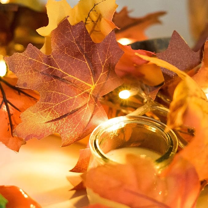 DearHouse 2 Pack Fall Maple Leaf Garland, 5.9Ft/Piece Hanging Vine With 16.4ft 40 Led String Light, Artificial Autumn Thanksgiving Decor for Home Wedding Fireplace Party