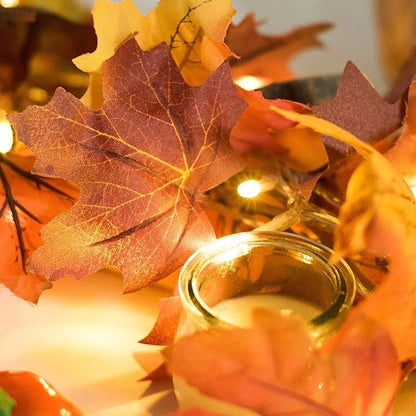 DearHouse 2 Pack Fall Maple Leaf Garland, 5.9Ft/Piece Hanging Vine With 16.4ft 40 Led String Light, Artificial Autumn Thanksgiving Decor for Home Wedding Fireplace Party