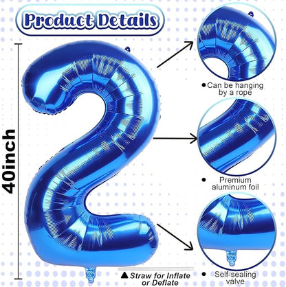 40 Inch Balloon Number 2 Navy Blue, Large Foil Dark Royal Blue Number Balloons Set 0-9, Self Inflating Digital 2 Helium Balloons for Boys 2nd Birthday Anniversary Baby Shower Party Decorations