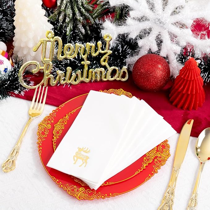 50 Pack Christmas Deer Paper Napkins - Christmas Gold Dinner Napkins - Cloth-like Disposable Hand Towels for Xmas Holiday Table Bathroom Decor Party