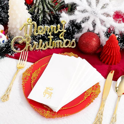 50 Pack Christmas Deer Paper Napkins - Christmas Gold Dinner Napkins - Cloth-like Disposable Hand Towels for Xmas Holiday Table Bathroom Decor Party