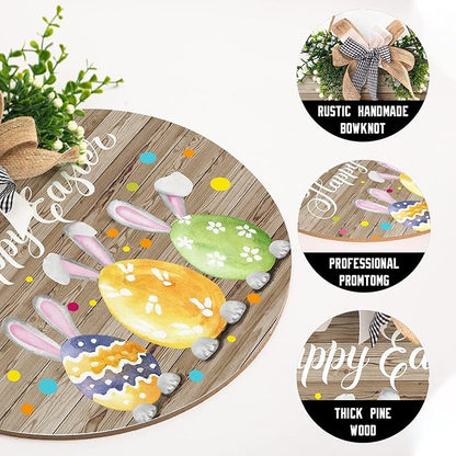 Happy Easter Wooden Hanging Sign Easter Colorful Eggs Bunny Sign Door Decoration Rustic Easter Wood Wreath Sign for Easter Spring Holiday Front Door Wall Rustic Farmhouse Porch Decor 12 x 12 Inch