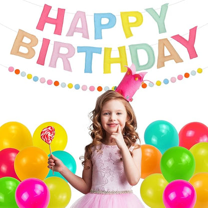 2 PCS Pre-Strung 3D Felt Happy Birthday Banner - Reusable Macaron Happy Birthday Decorations Sign, Felt Ball Garland, Pom Pom Garland, Party Decor, Photo Prop