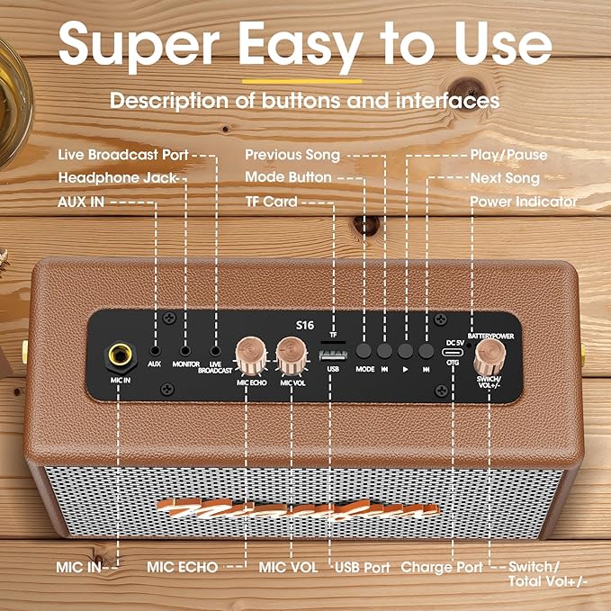 Karaoke Machine, Retro-Design Speaker with 2 Wireless Microphones for Adults & Kids, Portable Karaoke System for Home Party, Bluetooth/AUX/USB/TF/TWS Support, Gifts for Women & Girls - Brown