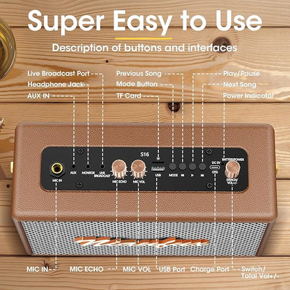 Karaoke Machine, Retro-Design Speaker with 2 Wireless Microphones for Adults & Kids, Portable Karaoke System for Home Party, Bluetooth/AUX/USB/TF/TWS Support, Gifts for Women & Girls - Brown
