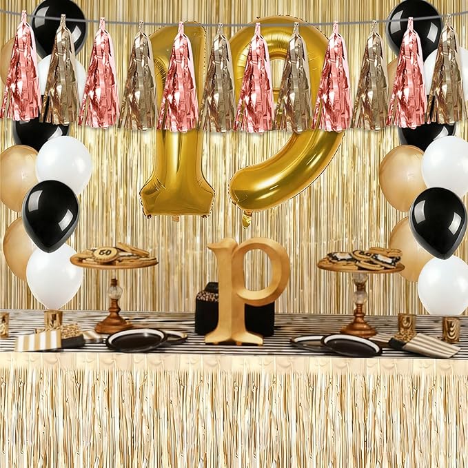 3P Rose Champagne Gold Tassel Banner Garland Metallic Foil Fringe Banner Tinsel Tassels Streamer Banner Backdrop for Parade Floats, Graduation Decorations, Wedding Party Decoration