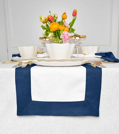 Solino Home Linen Table Runner 120 Inches Long - Indigo Blue and White 100% Pure Linen 14 x 120 Inch Table Runner for Dining, Fall, Autumn - Contempo