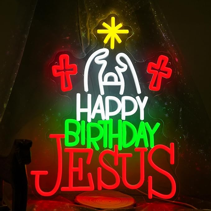 Happy Birthday Jesus Neon Sign for Christmas Decor Cross Neon Light Sign Dimmable USB Led Christian Religious Neon Wall Decor for Church Home Nativity Scene Faith-Based Holiday Gift