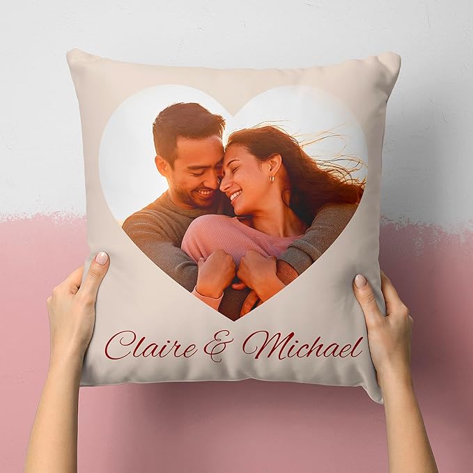 Be Burgundy Custom Heart Photo Pillow Cover 16x16 Inch – Personalized Couple Pillow with Names, Romantic Photo Cushion for Lovers, Engagement, Anniversary, or Wedding Gift for Him or Her