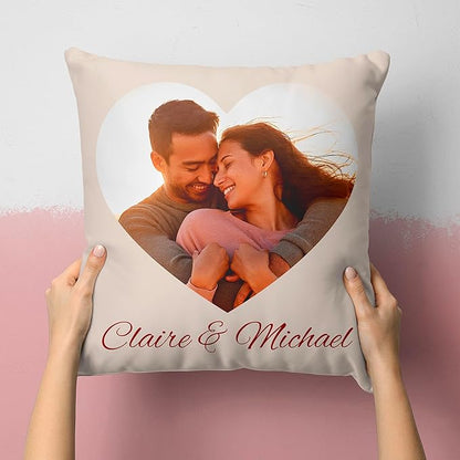 Be Burgundy Custom Heart Photo Pillow Cover 16x16 Inch – Personalized Couple Pillow with Names, Romantic Photo Cushion for Lovers, Engagement, Anniversary, or Wedding Gift for Him or Her