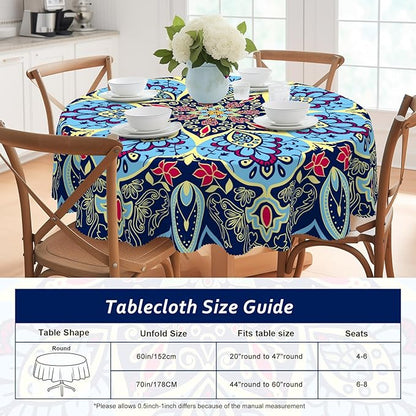 Eikione Round Tablecloth, Boho Tablecloth Waterproof and Wrinkle-Free, Boho Table Covers, Summer Decorations for Home 60inch