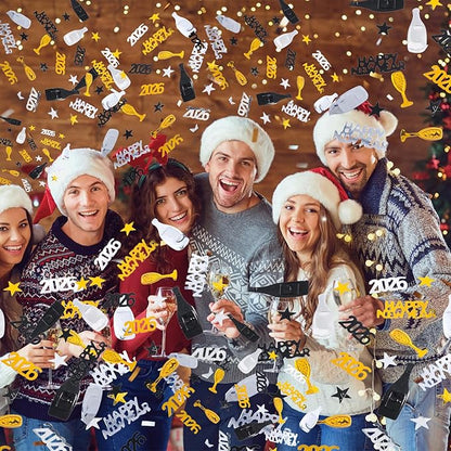 2026 Happy New Year Confetti, New Years Eve Table Decorations, Glitter Gold Black and Silver Star Wine Bottle Sprinkles Champagne Table Scatter Confetti Party Winter Holiday Table Decorations