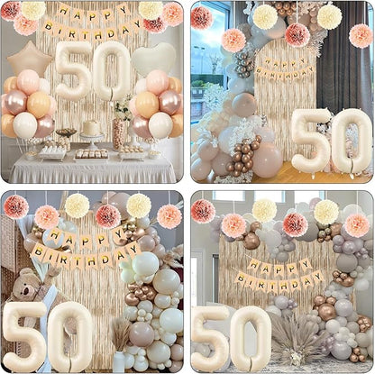 Beige 50th Birthday Decorations for Women Cream Number 50 Balloon Nude Gold Happy Birthday Banner Fringe Curtain Paper Pom Poms Blush White Sand Champagne Star Foil Balloons Neutral Boho Party Decor