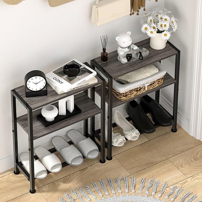 Narrow Side Table for Small Space, 2-Tier Small End Table with Shelf Holder, Slim Nightstand, Skinny Snack Couch Table in Living Room, Bedroom, Study, Kitchen and Balcony (Grey)
