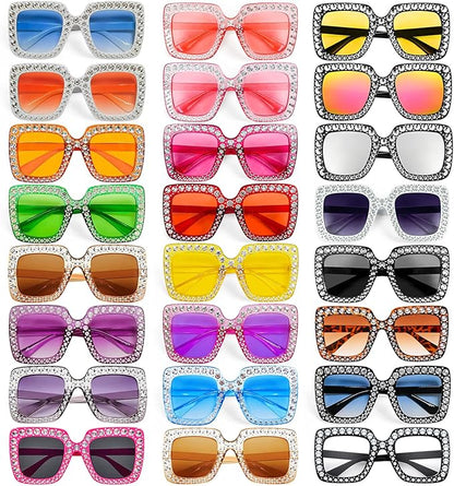Pibupibu 12/24 Pack Fun Oversized Square Crystal Sunglasses for Women Bulk, Disco Rhinestone Sparkling Glasses Party Favors