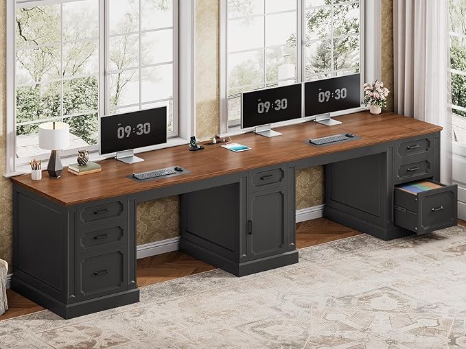 SEDETA Farmhouse 110.3" Two Person Desk with 7 Drawers, Long Computer Desk with Storage Cabinet, 2 Person Desk with Power Outlets for Home Office, Black