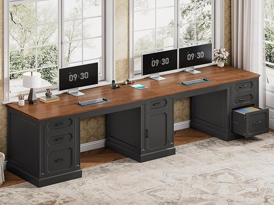 SEDETA Farmhouse 110.3" Two Person Desk with 7 Drawers, Long Computer Desk with Storage Cabinet, 2 Person Desk with Power Outlets for Home Office, Black