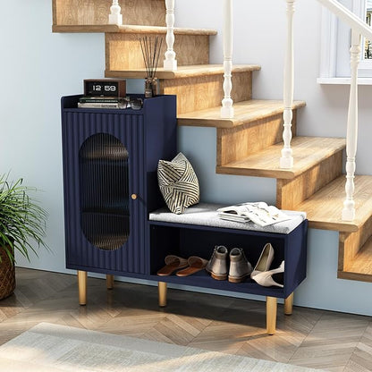 HLR Storage Bench with Glass Door&Shelf, Modern Entryway Shoe Cabinet Bench with Padded Seat, Blue L-Shaped Storage Cabinet for Hallway, Bedroom, Living Room, Office