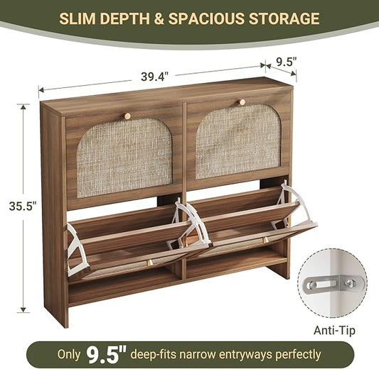 Nicetree Rattan Arched Accent Shoe Storage Cabinet - Freestanding Ultra Slim for Entryway, 4 Flip Drawers & 3-Tier Adjustable Shelves, Farmhouse Modern Rustic Shoe Rack for Hallway, Foyer, Living Room