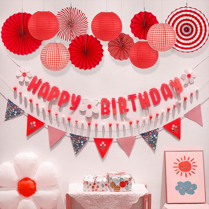 15Pcs Red Party Decorations Kit, Hanging Red Paper Lanterns Paper Fans for Home Decor Birthday Wedding Graduation Picnic BBQ Baby Shower Pizza Party Chinese New Year Decorations 2026