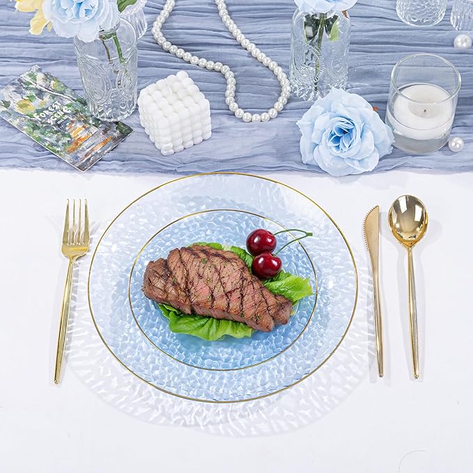 SUT 100Pcs Blue Plastic Plates, Hammered Plates Disposable Heavy Duty, Blue Disposable Plates With Gold Rim, Fancy Plastic plates Include 50 Dinner and 50 Dessert plates for Wedding