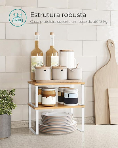 SONGMICS Cabinet Organizer Shelf, Set of 2 Kitchen Counter Shelves, Kitchen Storage, Spice Rack, Stackable, Expandable, Metal and Engineered Wood, Cloud White and Natural Beige UKCS02NW