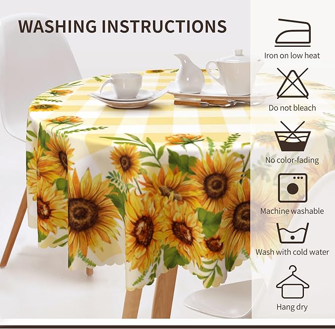 Eikione Sunflower Round Tablecloth 70inch, Fall Gingham Tablecloth Waterproof and Wrinkle-Free, Wild Flower Rustic Table Covers, Fall Decorations for Home