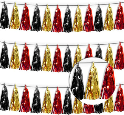 3P Red-Black Gold Tassel Banner Garland Metallic Foil Fringe Banner Tinsel Tassels Streamer Banner Backdrop for Parade Floats, 2025 Graduation Decorations, Baby Bridal Shower Party Decoration