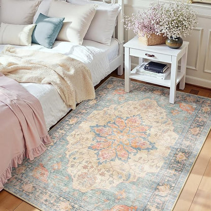 Area Rugs 3'x5' Washable Non-Slip, Floral Vintage Distress Print Pattern Medallion Carpet for Living Room Bedroom Dining Room, Blue Orange Red