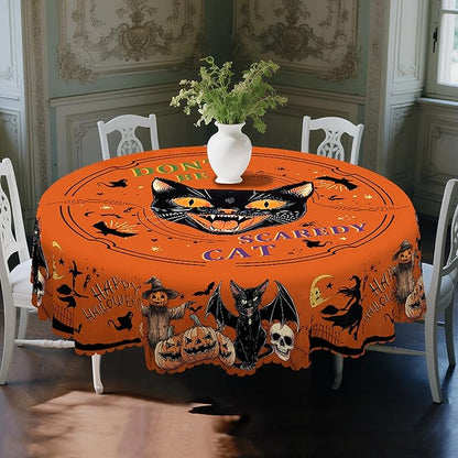 Eikione Round Tablecloth 60inch, Halloween Tablecloth Cat Waterproof and Wrinkle-Free, Table Covers, Summer Decorations for Home Dining