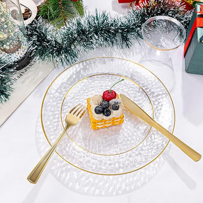 Rubtlamp 100Pcs Clear Gold Plastic Plates, Disposable Plates With Gold Rim, Heavy-duty Party Platos, Hammered Plastic Plates Include 50 Clear Dessert Platos, 50 Dinner Platos for Christmas