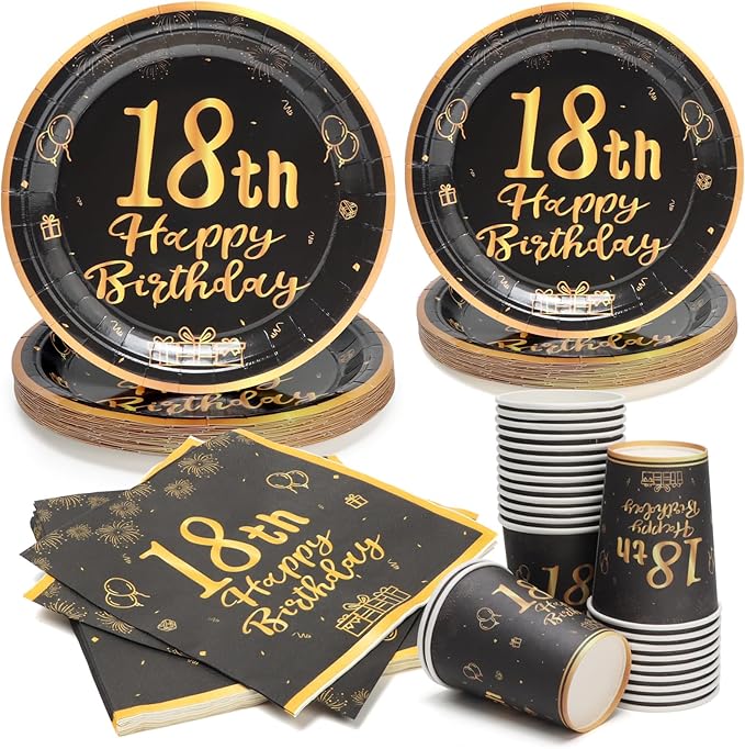 96pcs 18th Birthday Party Disposable Tableware Set for Men Women Black and Gold Paper Plates for 24 Guest Party Supplies （Include plates，cups and napkins）