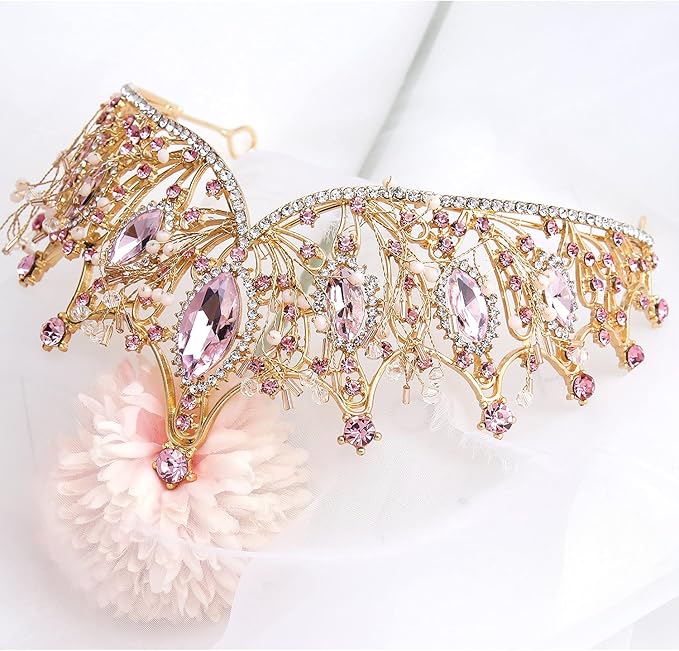 COCIDE Gold Tiara and Crown for Women Pink Gem Rhinestone Baroque Queen Headband for Girl Crystal Mermaid Princess Hair Accessories for Bride Birthday Party Bridesmaids Halloween Costume Cosplay