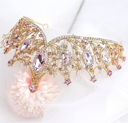COCIDE Gold Tiara and Crown for Women Pink Gem Rhinestone Baroque Queen Headband for Girl Crystal Mermaid Princess Hair Accessories for Bride Birthday Party Bridesmaids Halloween Costume Cosplay