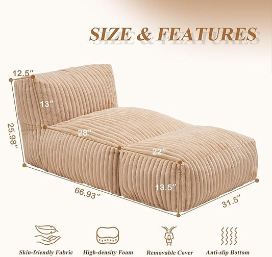 Hobestluk Big Bean Bag Lounger Chairs Large Beanbag Chair for Adults Bean Bag Sofa with Memory Foam Filled for Living Room, Bedroom or Balcony (Stripe Khaki)