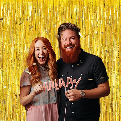 3 Pack Foil Fringe Backdrop - Laser Gold Shiny Tinsel Curtains for Party Decoration/Photo Booth Props - 3.3x8.2 FT Metallic Foil Backdrop for Birthday, Wedding, Graduation, Christmas.