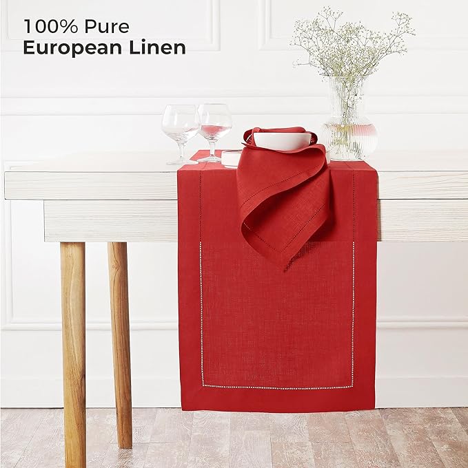 D'Moksha Homes Linen Bright Red Table Runner 90 Inches Long - Classic Hemstitch 100% Pure Linen Dining Table Runner 14 x 90 Inch for Winter, Christmas, Holiday