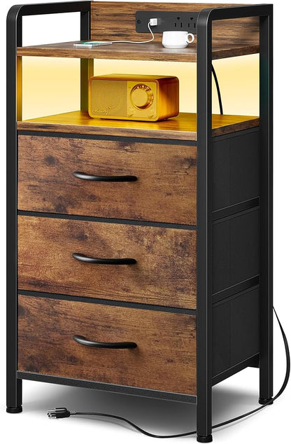 Night Stand Bedside Table Bedroom - Nightstand with Charging Station & LED Light Strip, Bed Side End Table with Storage Shelf & 3 Fabric Drawers, U-S-B Ports & AC Outlets, Rustic Brown