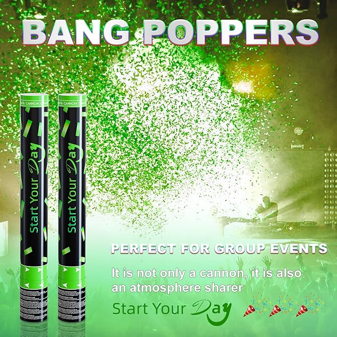 Green Confetti Poppers, 15 Inch Biodegradable Party Poppers, Air Powered Confetti Shooters for Birthday, Wedding, New Year Celebrations