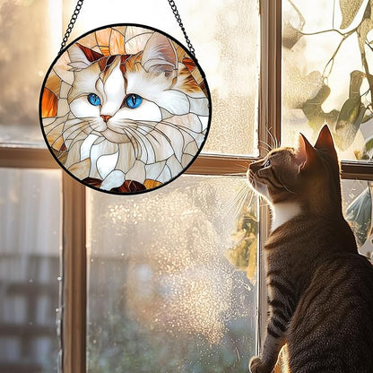 Stained Glass Window Hanging 4 Pcs Set Cute Cat and Dog 7.8" - Animal Suncatcher Door Garden Sun Catcher Decor Birthday Mother's Day for Mom Woman Nana Girl Boy Friend