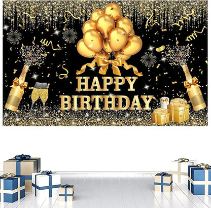 YinQin 180x120 cm Glitter Golden Black Happy Birthday Backdrops Banners Cloth 71x47 inch Bday Party Photography Backgrounds Shiny Black Gold Happy Birthday Sign Party Decorations for Girl Women