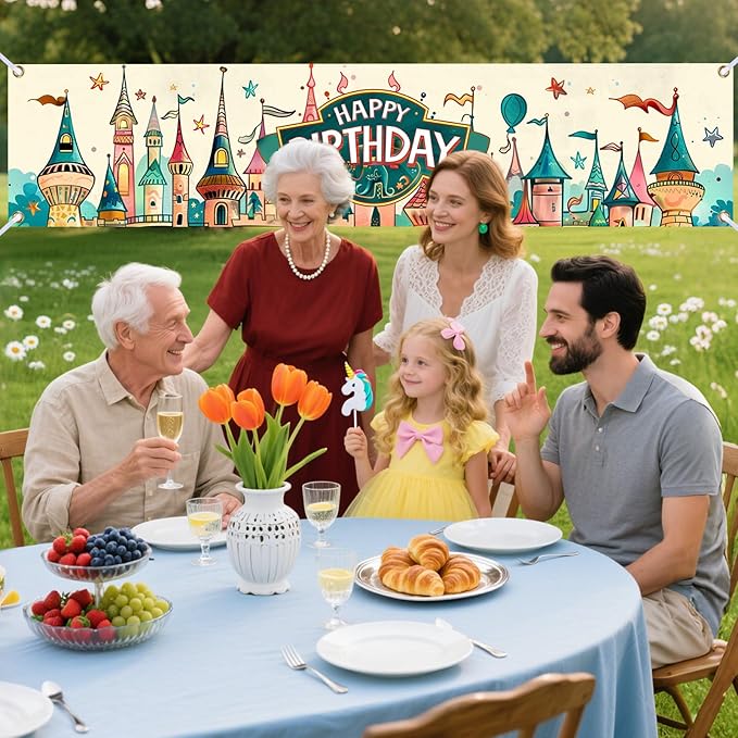 Nuxovilar Happy Birthday Banner Decorations 17.72x78.74 Inch Castle Theme - Polyester for Indoor Outdoor Birthday Party Decor